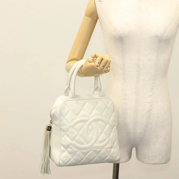 CHANEL Matelasse COCO Mark Hand Bag Grained Calf Skin White Gold CC Auth - Picture 1 of 16